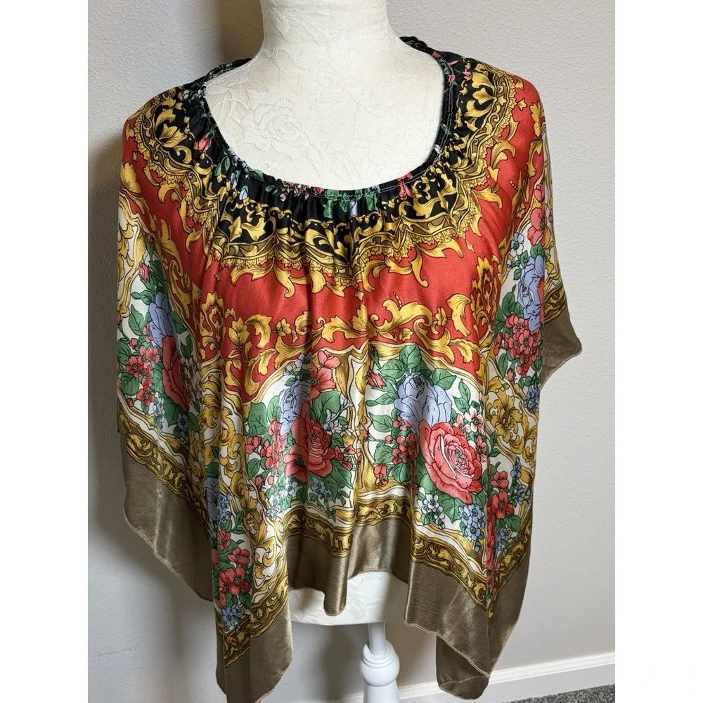 Handmade Poncho Cape~OS~Made from a Vintage Silk Scarf Floral Scroll Boho Resort